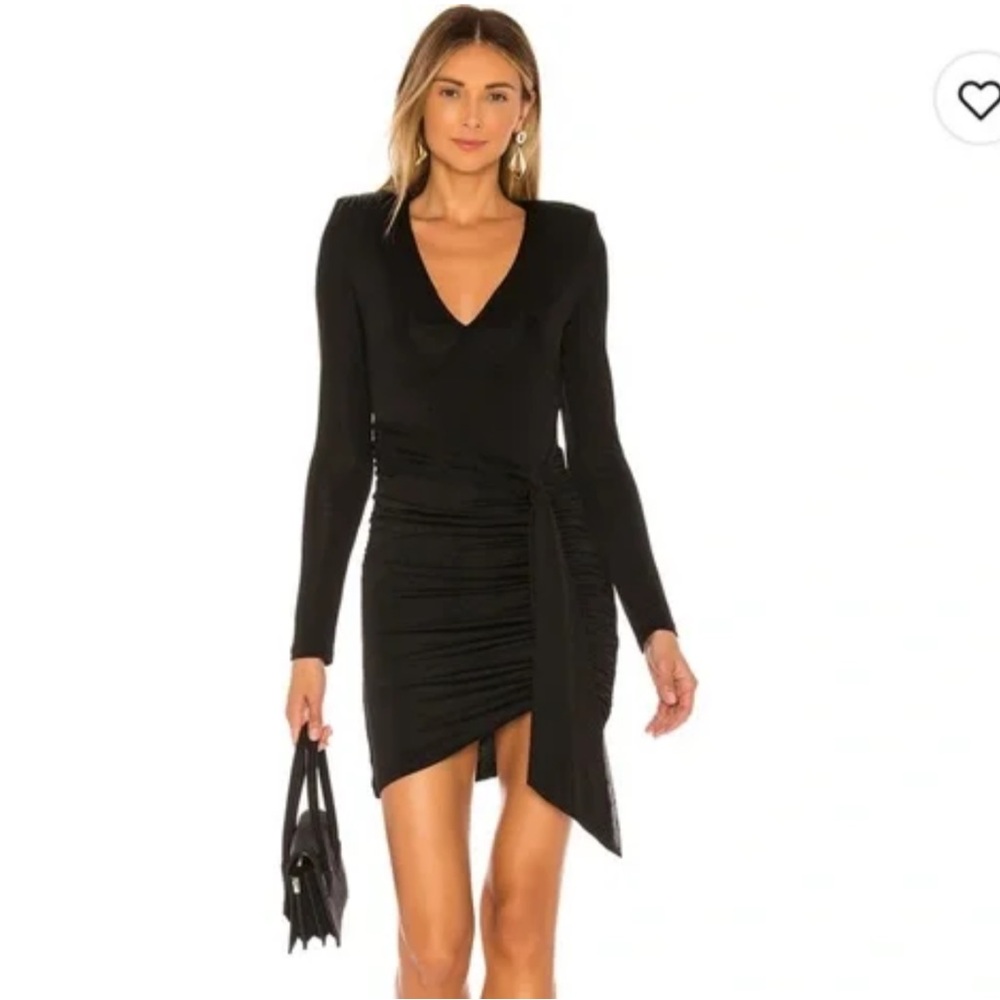 Alice + Olivia Kyra Black Draped Ruched Deep V Mini Dress Size 6 Womens